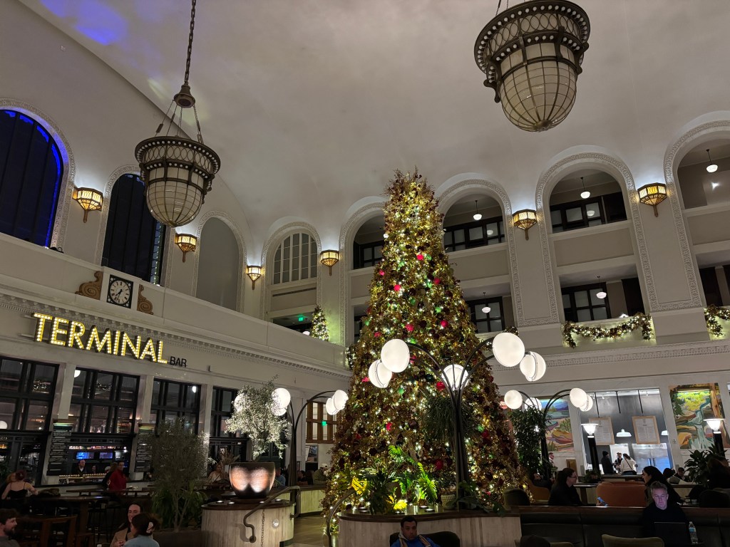 scenes from the trip that include mountains, Christmas lights, and flight attendants